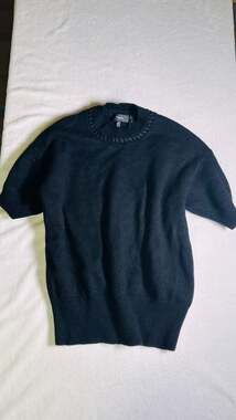 Theory Black 100% Cashmere Short Sleeve Mixed Trim Crewneck Sweater